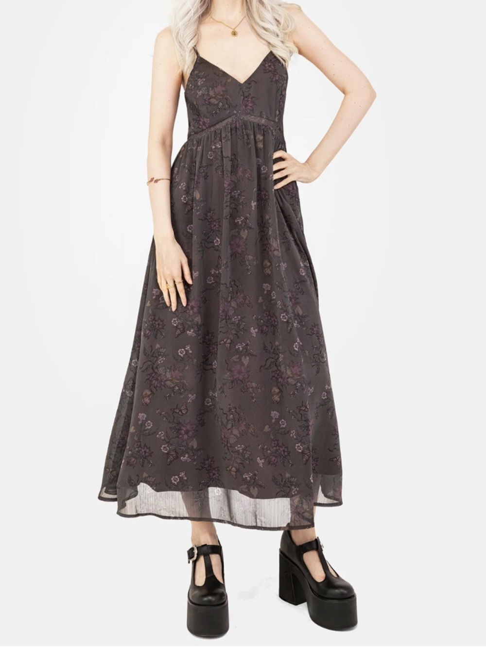 Disturbia Arnora Chiffon Lace Insert Midi Dress Womens 6 Brown Floral Butterfly